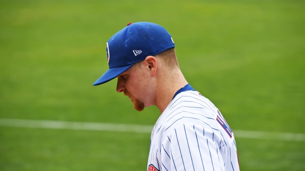 Cade Horton sits during a warmup at Four Winds Field on June 22, 2023.